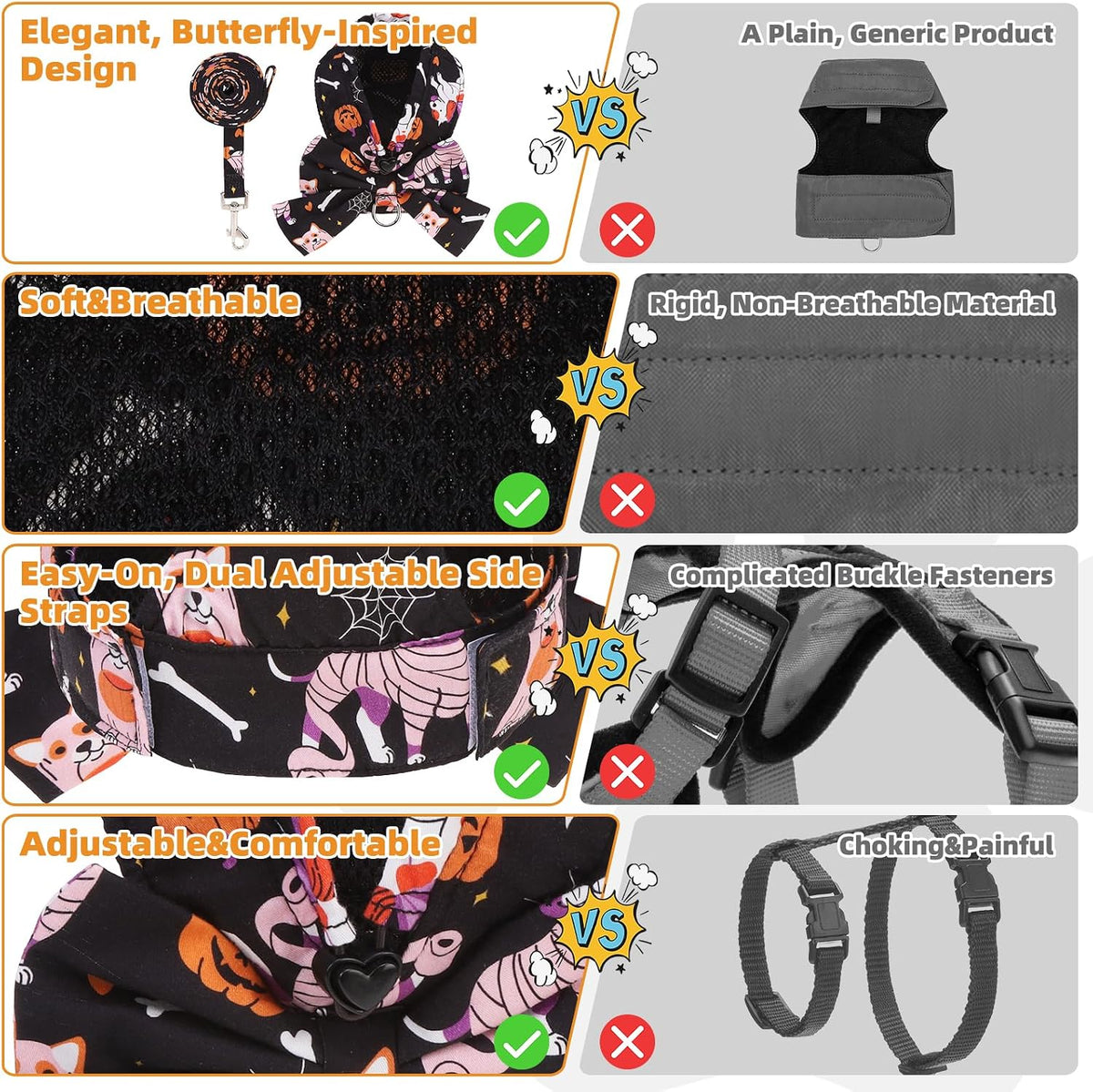KOOLTAIL Halloween Dog Harness and Leash Set for Small Medium Sized Dogs Cats, Cute Puppy Vest Harnesses with Bowtie, Step in No Pull Soft Mesh Padded Adjustable Pet Harness Boys Girls, Pumpkin M