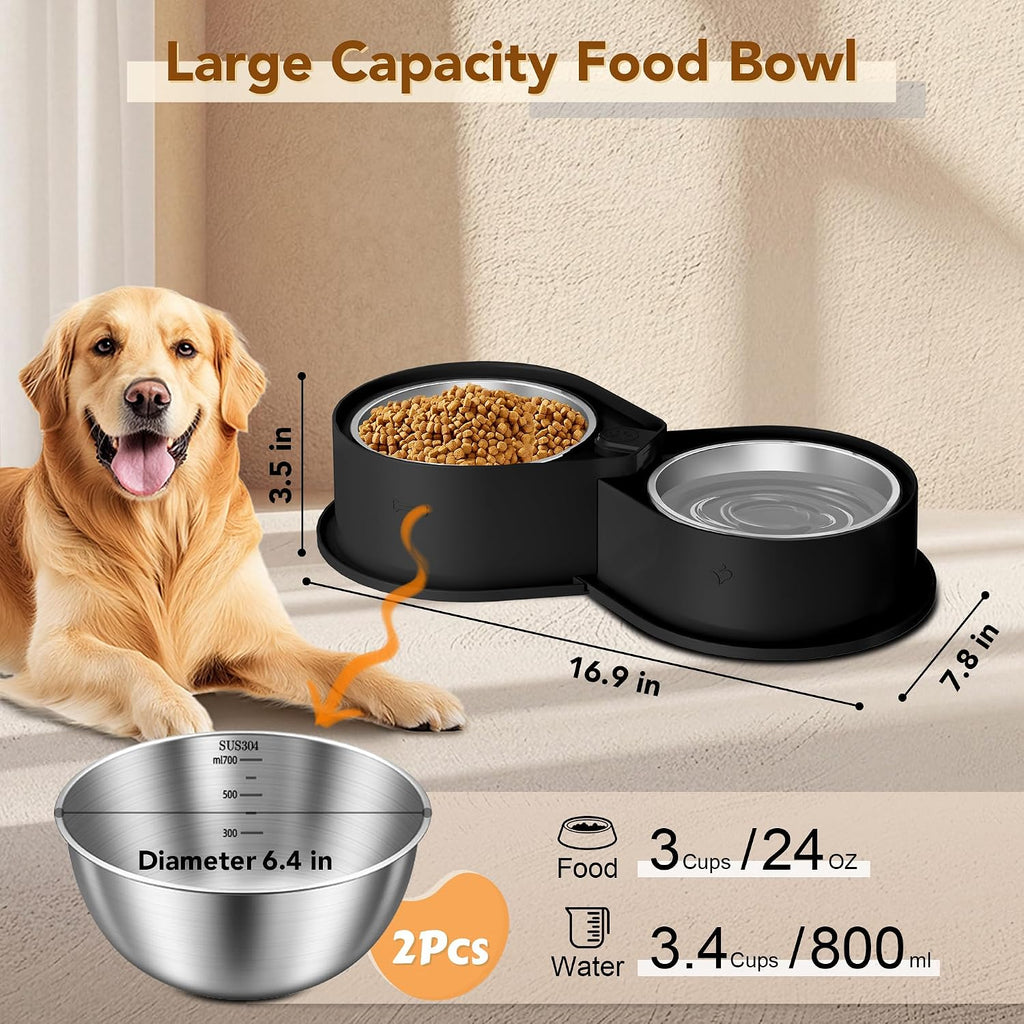 Newget 304 Stainless Steel Dog Bowl Set, 24oz Foldable Pet Dishes, Black | Dual Food & Water Pet Bowl, Anti-Skid, Keeps Food Fresh, Easy to Install, for Small - Large Dogs/Cats - Indoor & Outdoor Use