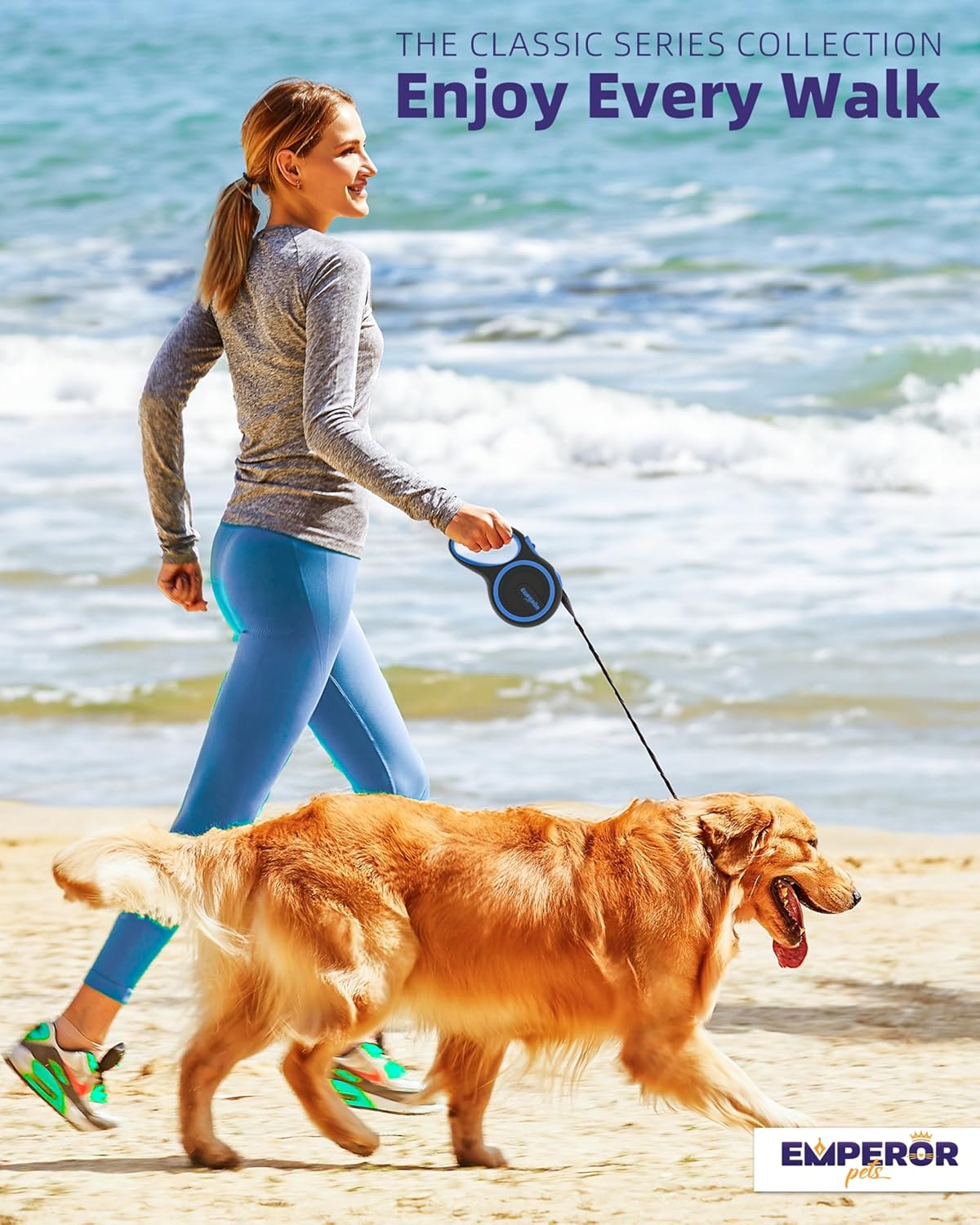 EMPEROR PETS 26.1 ft Retractable Dog Leash, for Dogs 10-110 lbs, Blue