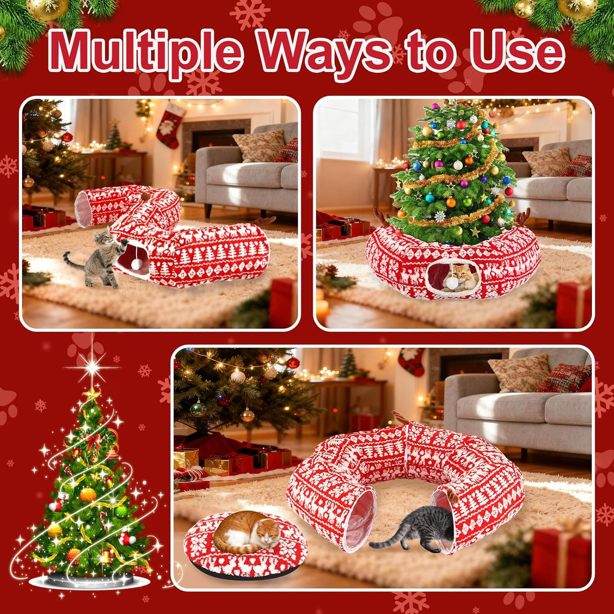 Cat Tunnel Bed Under Christmas Tree 35.4" Festive Circle Cat Tunnel with Feather Toys Adjustable Bibs Foldable Holiday Decorative Pet Cave for Indoor Cats Small Animals Fits Under Tree Skirt
