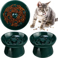 Tioncy 2 Pcs Ceramic Elevated Slow Feeder Cat Bowl, Dark Green