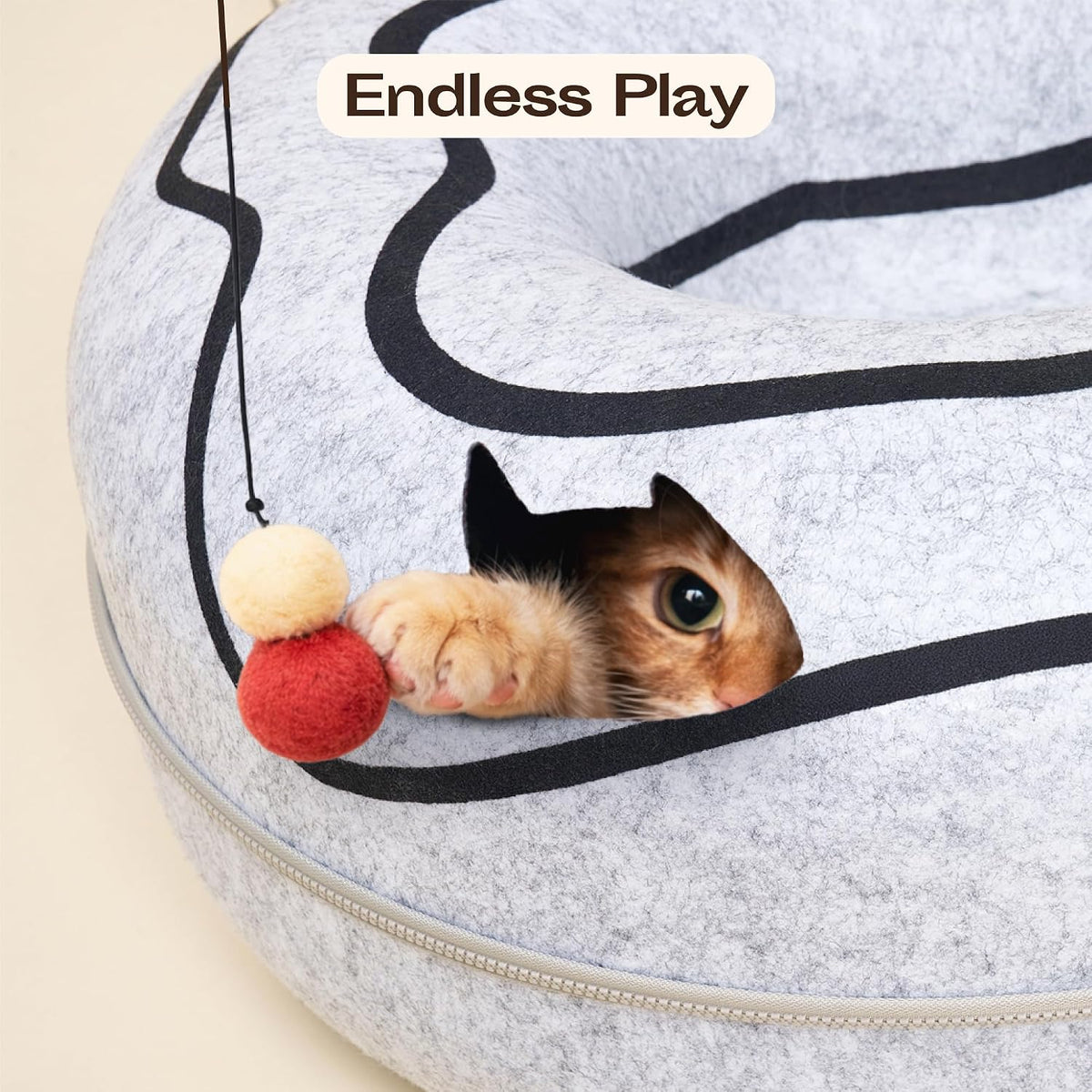 Peekaboo Cat Cave Donut - Cat Tunnel Bed for Indoor Cats – Cute Patterns Hideaway for Multiple & Large Cats, Scratch-Resistant (Light Gray)