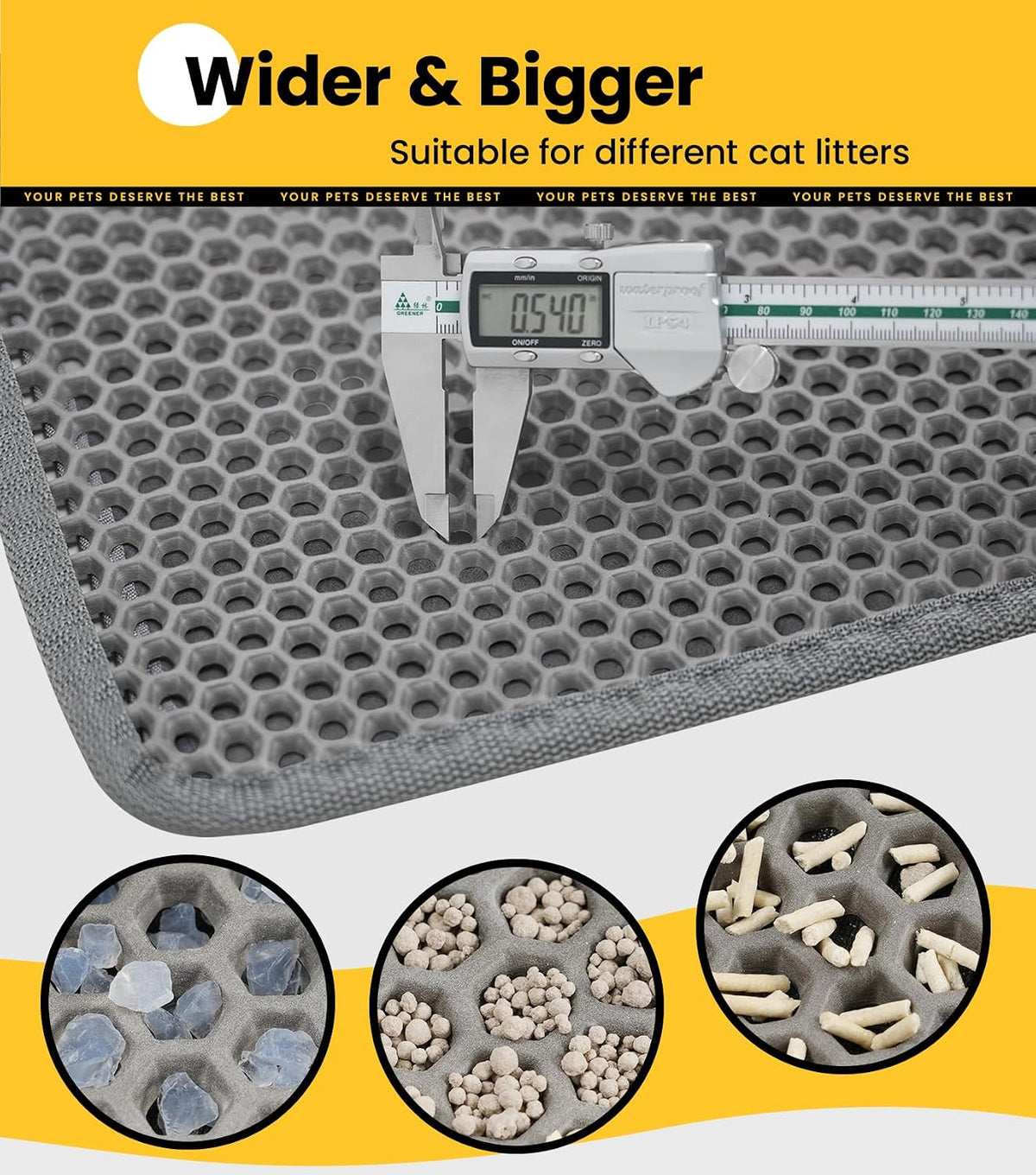 Conlun Cat Litter Trapping Mat for Small Spaces, 23.6"x14.6" Space-Saving Litter Box Floor Mat, Hexagon Grids & Anti-Leak Base, Machine Washable, Non-Slip Kitty Matt for Apartment, Gray