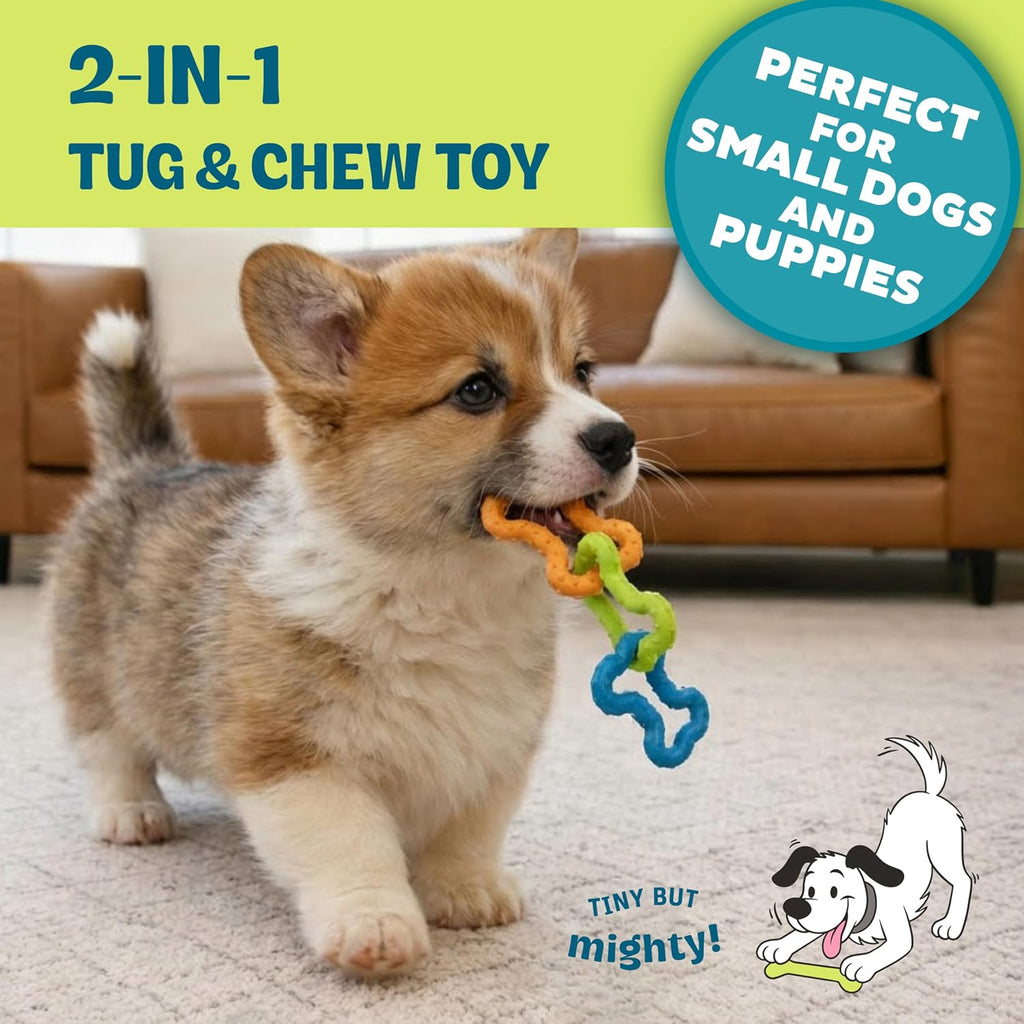 Bone Tugz Dental Dog Chew Toy, Floppy & Textured, 6.3" | Helps Keep Teeth Clean, Massages Gums, Linked Rubber Bones, Fetch & Tug, Light Chewers, Small Dogs & Teething Puppies