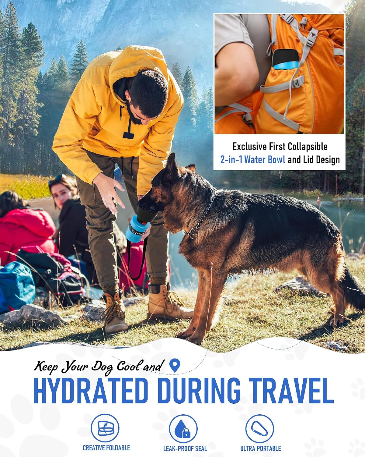 Lesotc Dog Water Bottle, Portable Water Dispenser with Bowl, Leak Proof Pet Travel Squeeze Bottle, Puppy Essentials Dog Stuff Accessories for Outdoor Walking, Hiking, Camping, Blue 