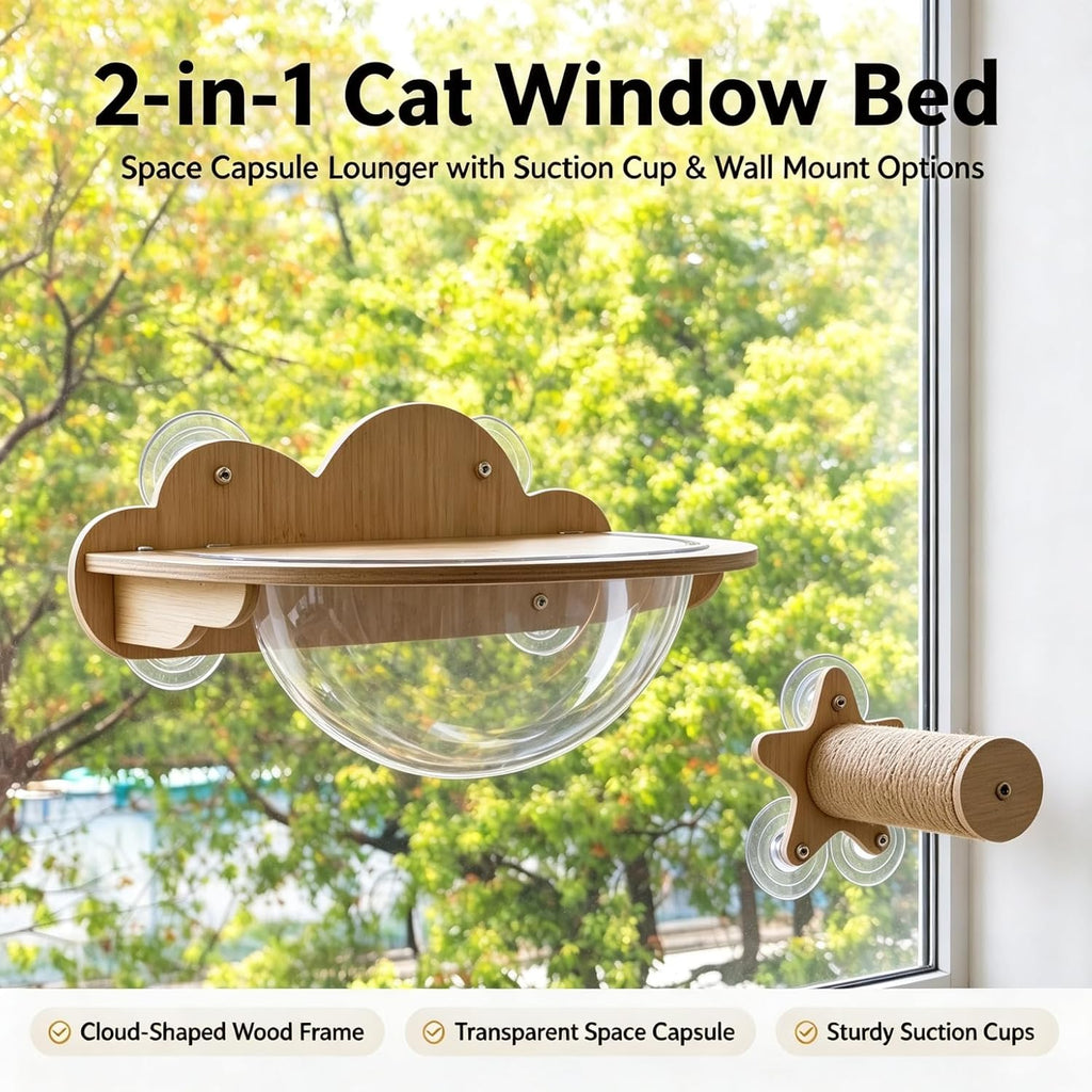Cat Window Perch, Cloud Wooden Space Capsule Hammock, 2 Installation Ways Suction Cup & Wall Mount Cat Wall Shelf, Large Rest Bed for Indoor Pets Sunbathing & Viewing
