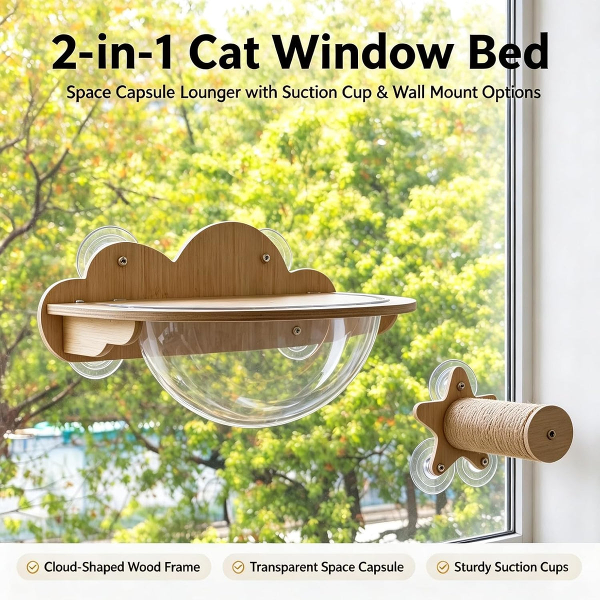 Cat Window Perch, Cloud Wooden Space Capsule Hammock, 2 Installation Ways Suction Cup & Wall Mount Cat Wall Shelf, Large Rest Bed for Indoor Pets Sunbathing & Viewing