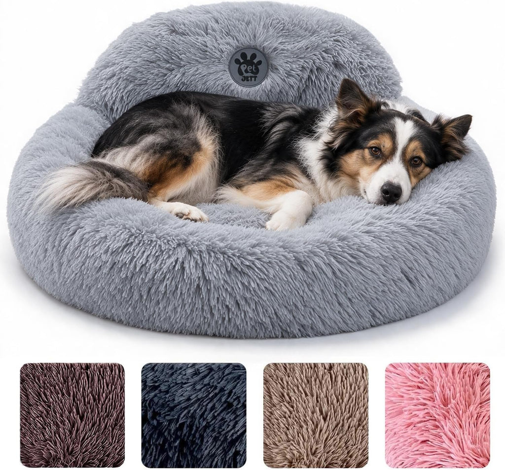 PetJett Calming Dog Bed Medium Size Dog - 30'' Donut Bed, Washable Dog Bed - Anti-Slip Super Soft Fluffy Plush Round Bed, Anti-Anxiety Premium Comfort Pet Bed, Fits Dogs up to 45 lbs - Bright Grey
