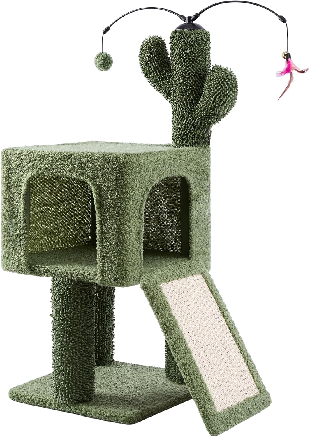32" Cactus Cat Tree for Indoor Cats, 2-in-1 Cat House with Sisal Scratching Post & Ramp, 2-Level Cat Tower with Rotatable Feather & Ball Toys, Stable Cat Condo for Small/Medium Cats, Green