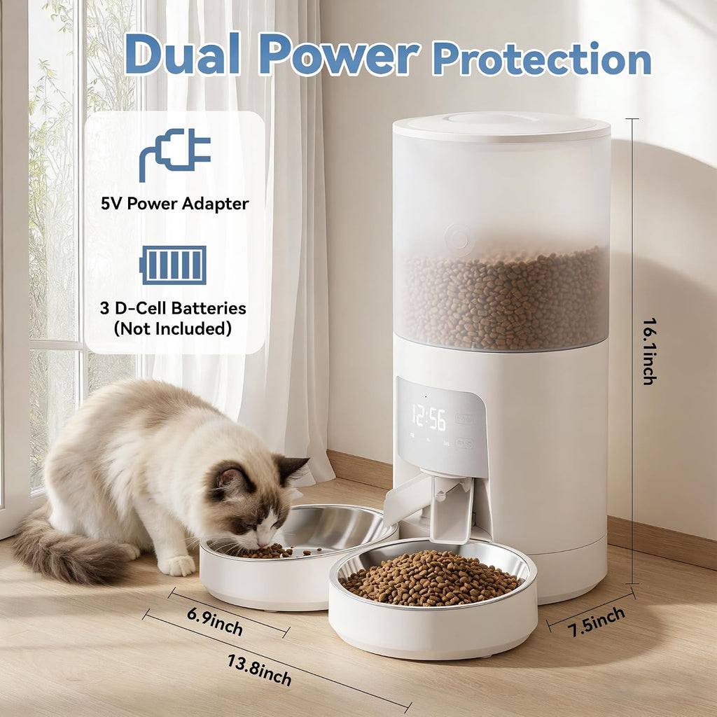 DUMOS 6L Automatic Cat Feeder for 2 Cats, Timed Pet Food Dispenser, White