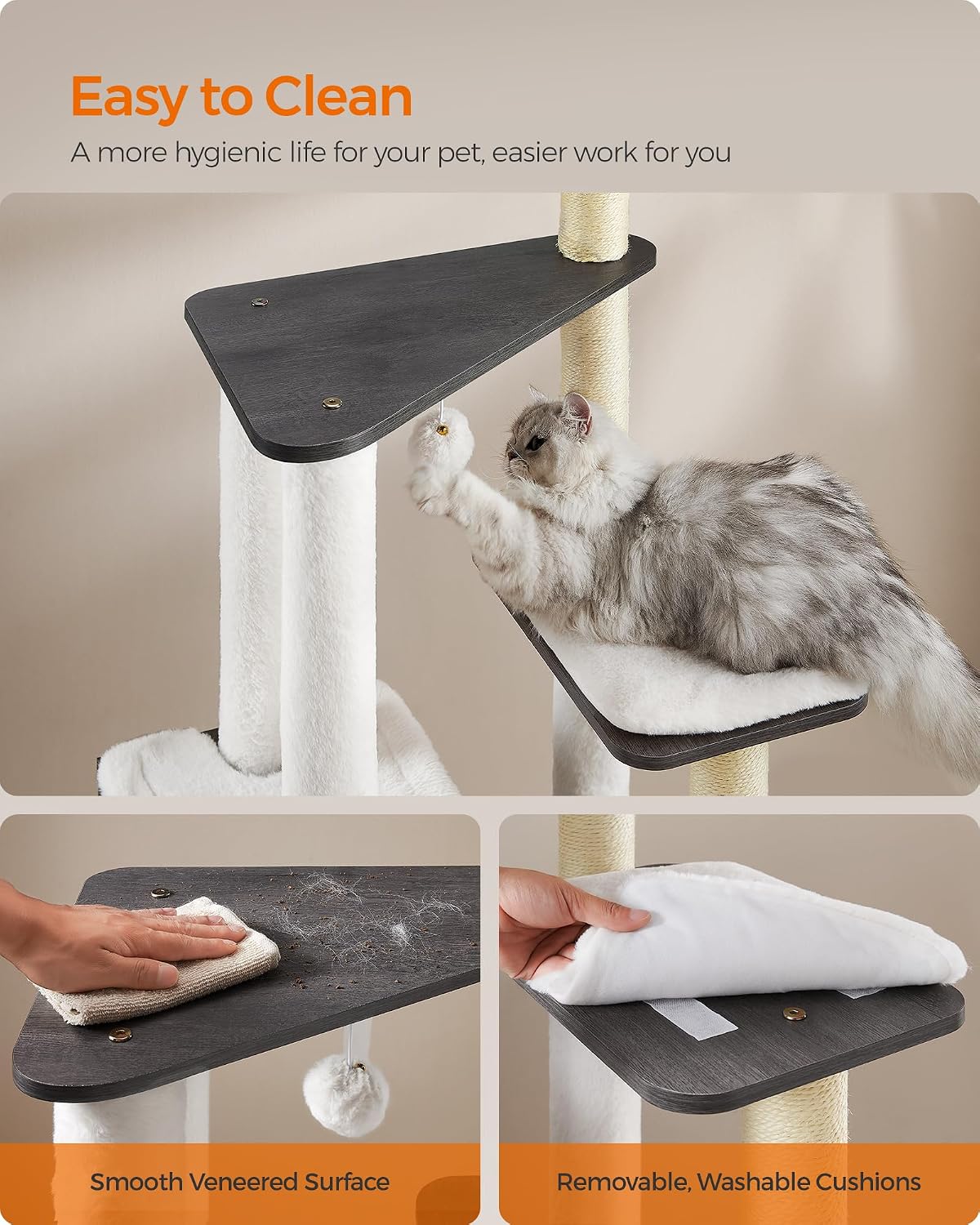 Feandrea Cat Tree, 65-Inch Multi-Level Tower with 5 Scratching Posts