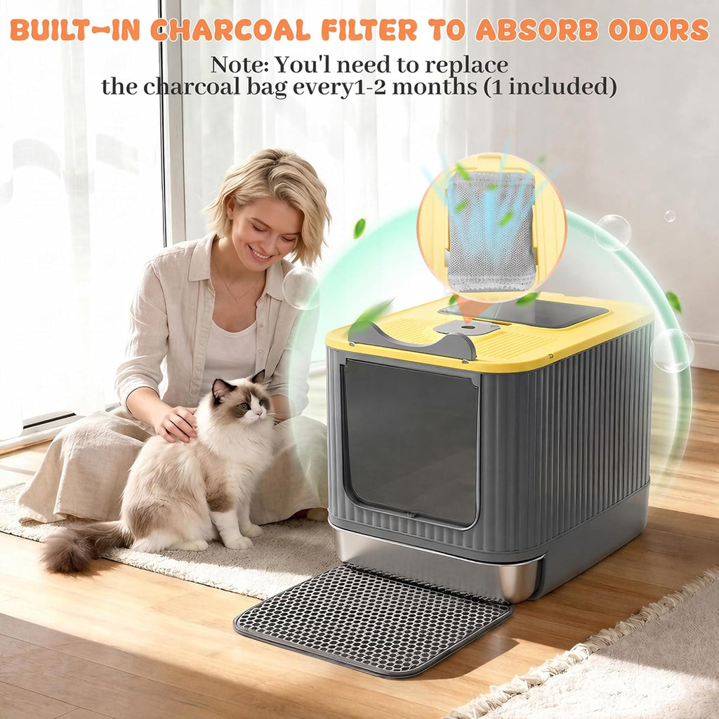 Stainless Steel Cat Litter Box Enclosed, Small, Dual Entry, Pull-Out Tray