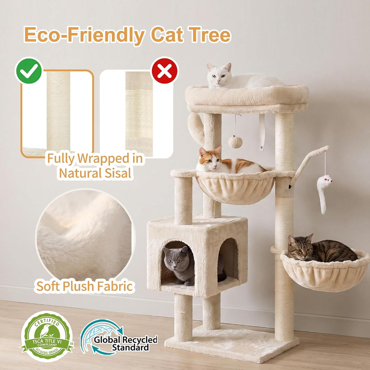 Heybly Cat Tree, 39" Tower with All-Sisal Wrapped Scratching Post HCT006SM