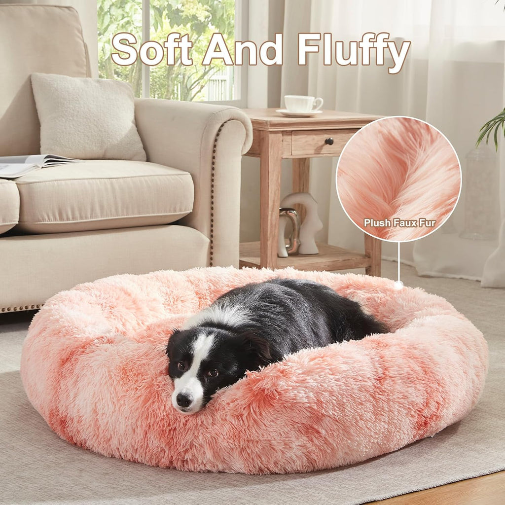 42 in Faux Fur Donut Dog Bed for Large Plus Dogs,Tie-dye Pink