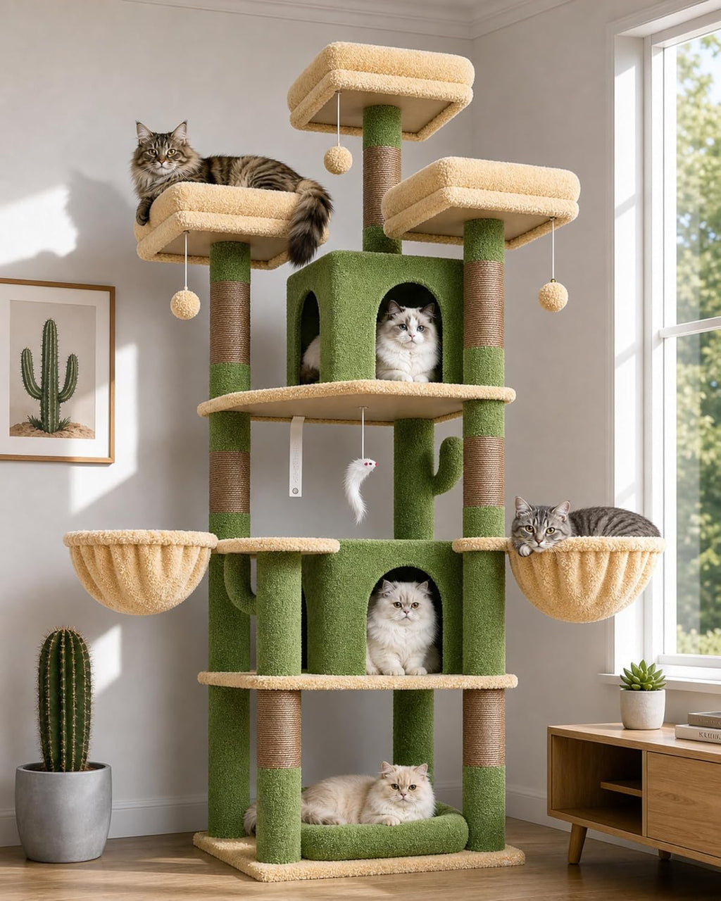 Globlazer Big XL Cactus Cat Tower for Indoor Multiple Cats, F68B, Green