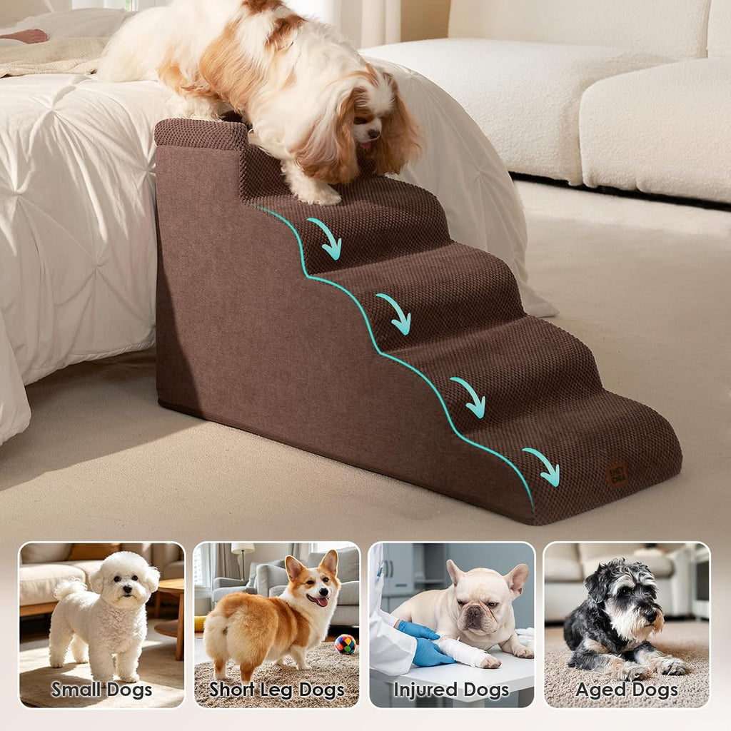 EHEYCIGA 5-Step Curved Dog Stairs for High Beds 20.7" H, Brown