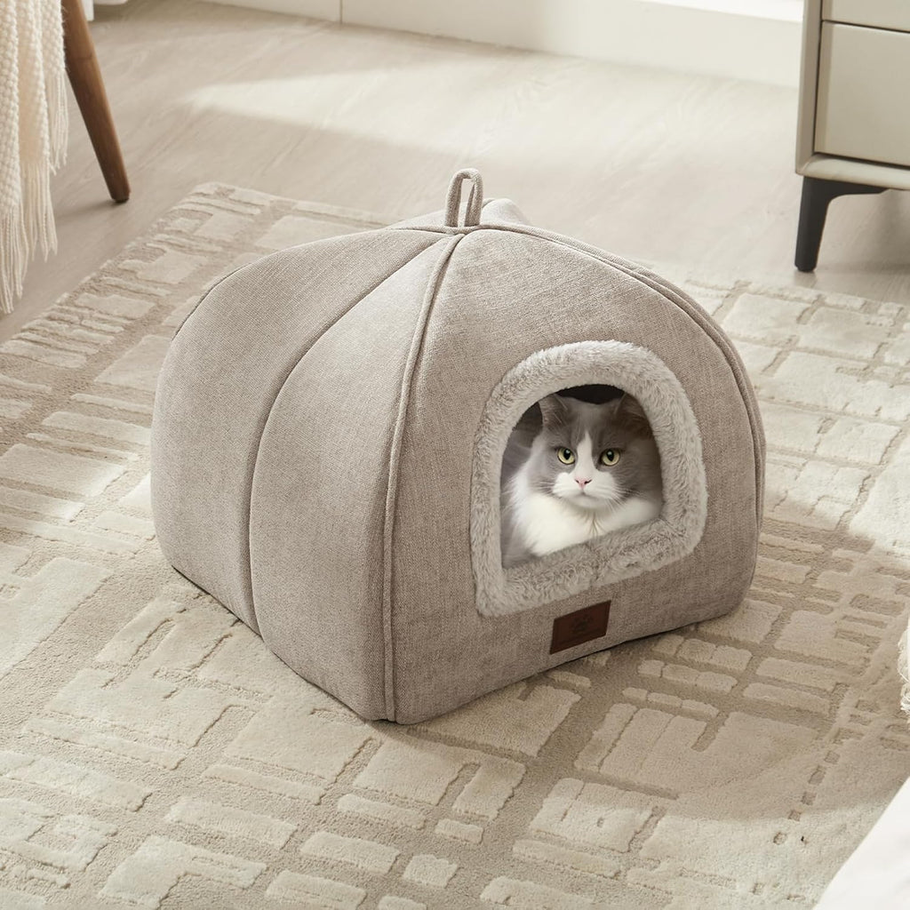Cat Beds for Indoor Cats - Cat House CaveTent with Removable Washable Cushioned Pillow, Soft and Self Kitten beds,Pet Bed,Beige