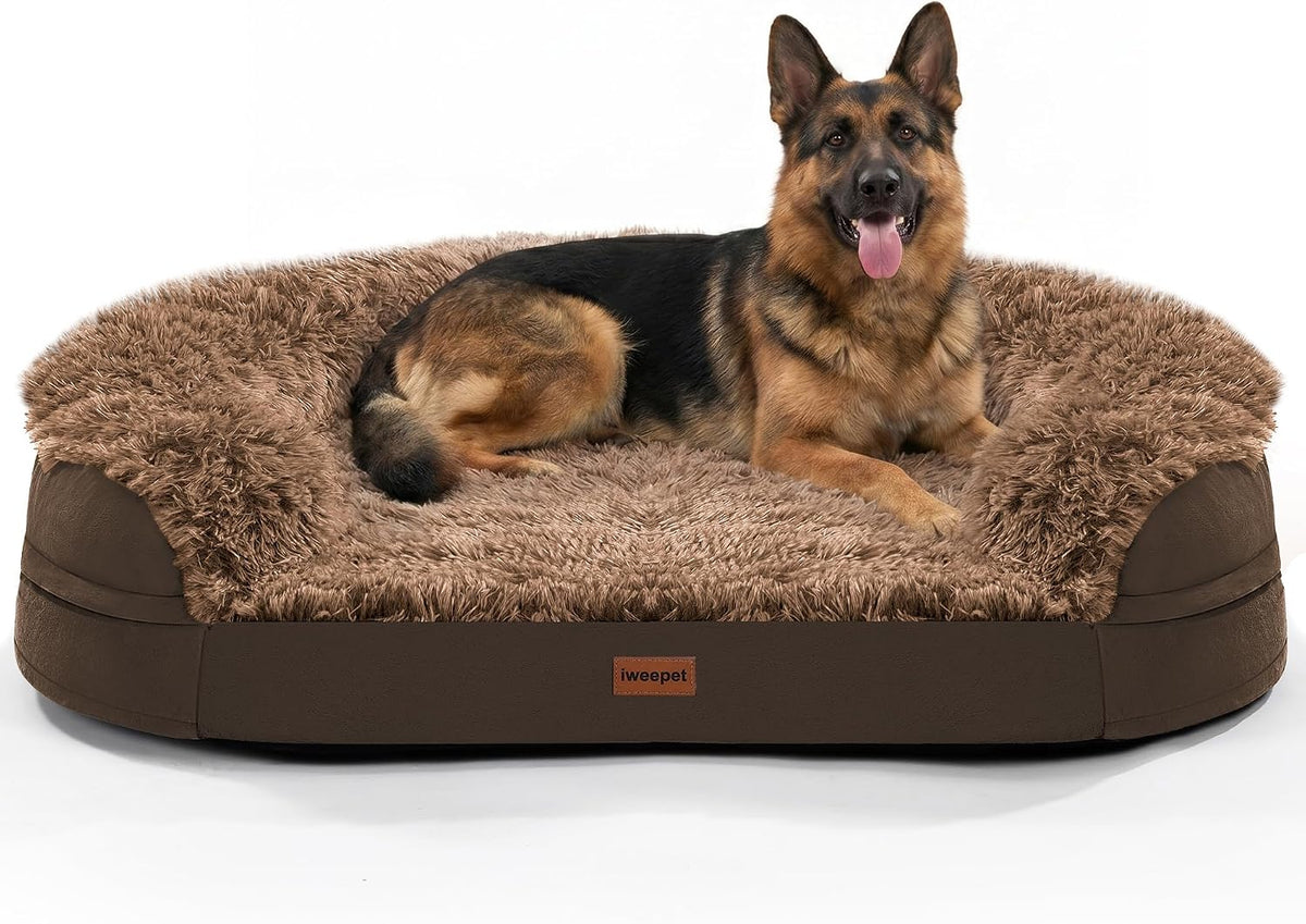 iweepet Fluffy Calming Jumbo Orthopedic Dog Beds for Extra Large Dogs, Supportive Dog Sofa Bed with 3.7 inch 28D Egg-Crate Foam, Removable Washable Plush Cover, Waterproof Lining, 48’’,Brown