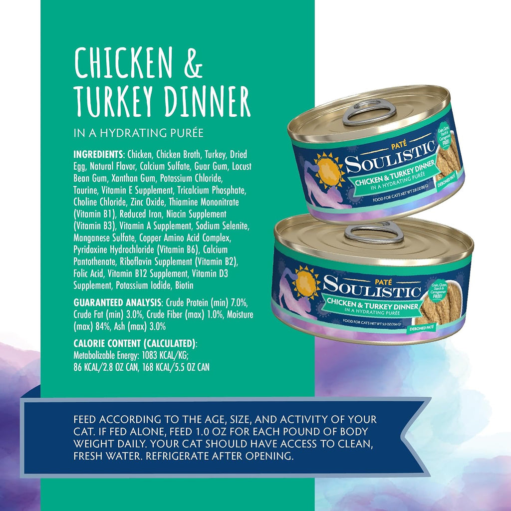 Soulistic Paté Wet Cat Food, Chicken and Turkey Dinner in a Hydrating Purée, 5.5oz Can, Pack of 8