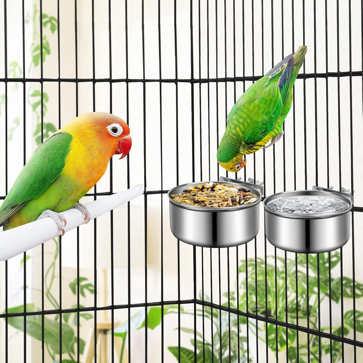Small Dog Bowls, ShineMe 2 Pack Stainless Steel Pet Bowls Easily Affixes to Crate, Cage or Kennel - Non Spill Food & Water Bowls for Cat, Puppy, Birds, Guinea Pigs, Rabbit (4.7 x 2.1” & 3.9 x 1.9”)