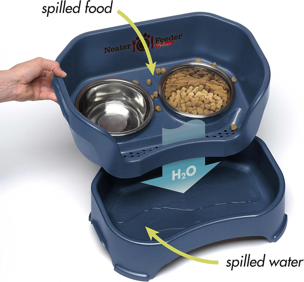 Neater Pet Brands Neater Feeder Deluxe Mess Proof Dog Bowls Elevated for Medium Dogs 19-40 lbs, Made in USA, No Spill Raised Dog Food Bowl Stand Feeding Station, Food and Water Bowl Set, Dark Blue 