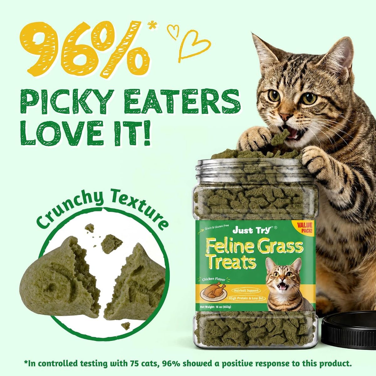 Just Try 16 oz Feline Grass Treats Chicken Flavor Hairball Treats for Cats