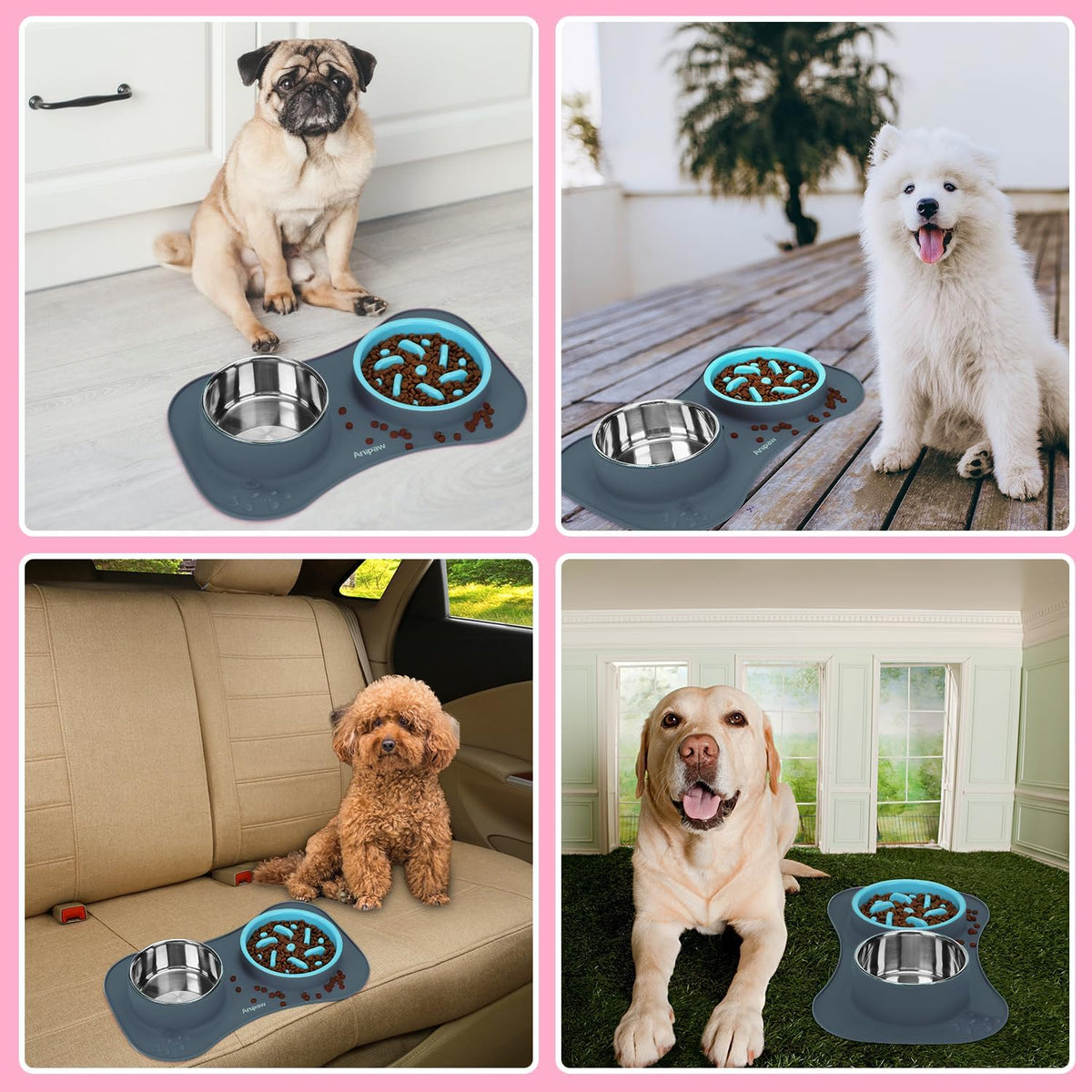 Slow Feeder Dog Bowls 3 in 1 Stainless Steel Food Water Bowl to Slow Eating | Durable, Non-spill & Non-skid with Silicone Mat Design, Slow Down Eating, Suitable for Small Medium Large Dogs and Cats