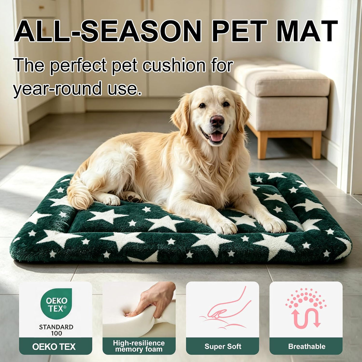 Dog Bed Mat, Reversible Crate Pad & Durable Dog Bed - Machine Washable Kennel Mat with Ultra Soft for Large Dogs (Big&Small Stars Green, 35" L*23" W*1.5" Th)
