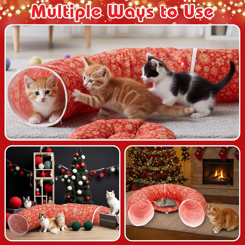Snowflake Cat Tunnel Bed Under Christmas Tree 36'' Kitten Circle Donut Tunnel Skirt with Ball Mat Decorative Xmas Folding Home Kitty Guard Tube Holiday Party Indoor Pet(Red Gold)