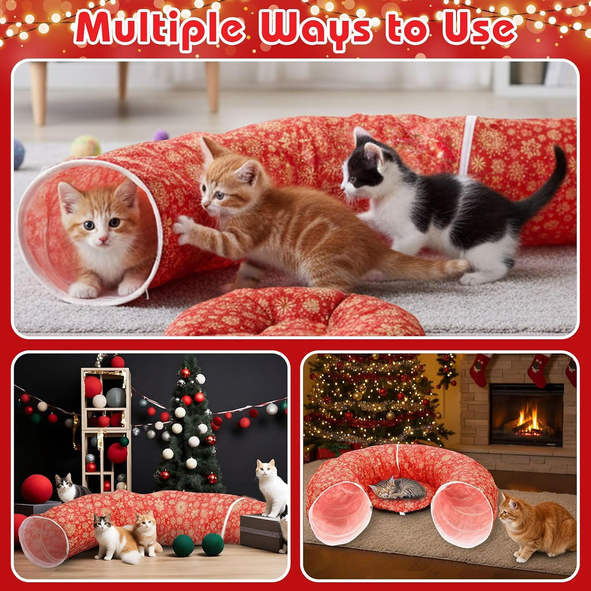 Snowflake Cat Tunnel Bed Under Christmas Tree 36'' Kitten Circle Donut Tunnel Skirt with Ball Mat Decorative Xmas Folding Home Kitty Guard Tube Holiday Party Indoor Pet(Red Gold)