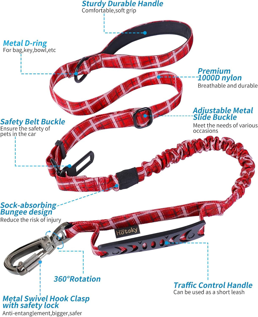 Hotsky Tactical Bungee Shock Absorbing No Pull Dog Leash,Red Plaid,4-6FT