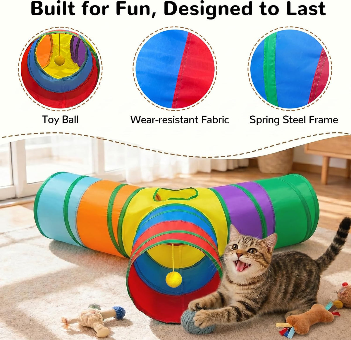 Tempcore Cat Tunnel, 3-Way Collapsible Toy, Large Size Rainbow | Large Size 3-Way Cat Tunnel Provides More Room for Cats to Run, Hide and Chase, with Peek Holes, Hanging Ball and Teaser Wand