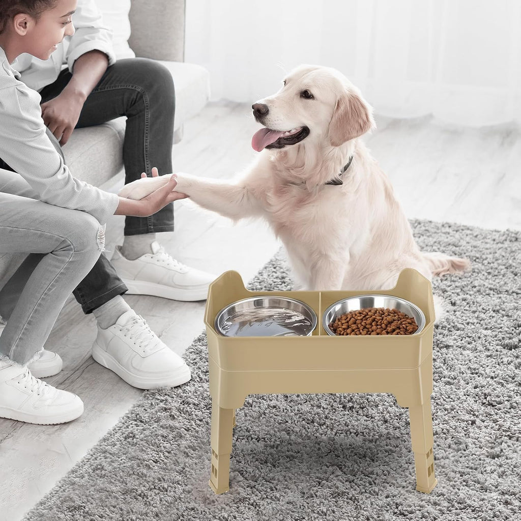 3-in-1 Elevated Dog Bowls Mess Proof Raised Slow Feeder Dog Bowls, 4 Height Adjustable Dog Bowl Stand Licking Plate with 2 56oz Stainless Steel Dog Food Bowls for Small Medium Dogs, Beige