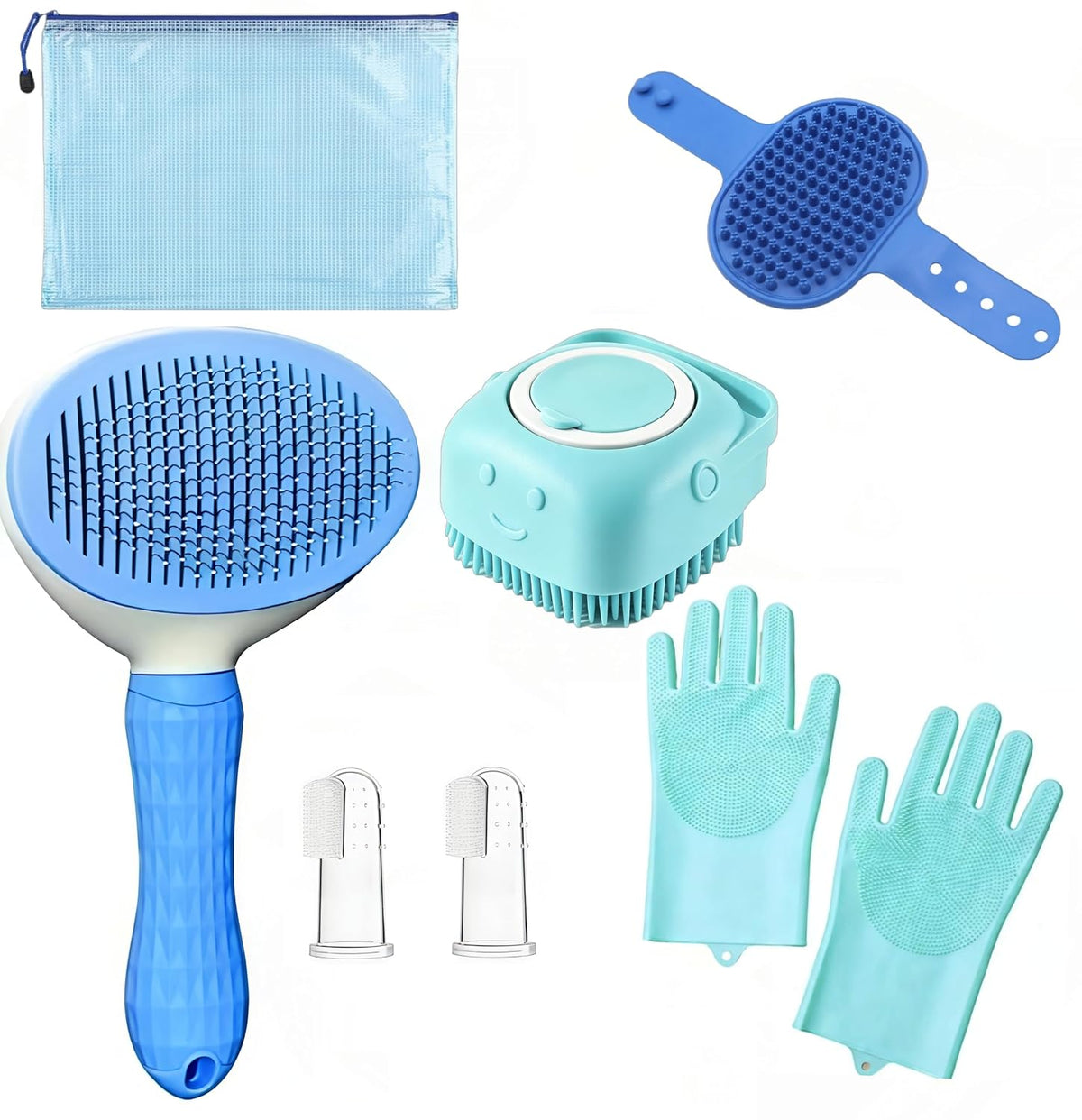 7Pcs Dog & Cat Grooming Kit, Deshedding Brush, Bath Scrubber, Toothbrushes