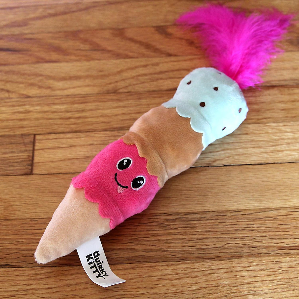 Quirky Kitty Ice Cream Kicker Catnip Crinkle Feather Soft Plush Cat Toy | Large Kicker Cat Toy for Bunny Kicks, Pouncing & Batting | Interactive Catnip Toy for Active Play