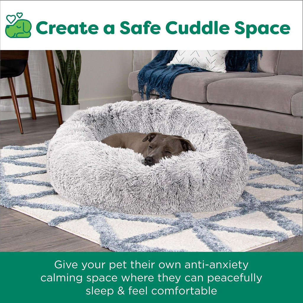 Furhaven 30" Round Calming Donut Dog Bed for Medium/Small Dogs, Refillable w/ Removable Washable Cover, Up to 45 lbs - Shaggy Plush Long Faux Fur Donut Bed -Mist Gray, Medium,30.0"L x 30.0"W x 10.0"Th