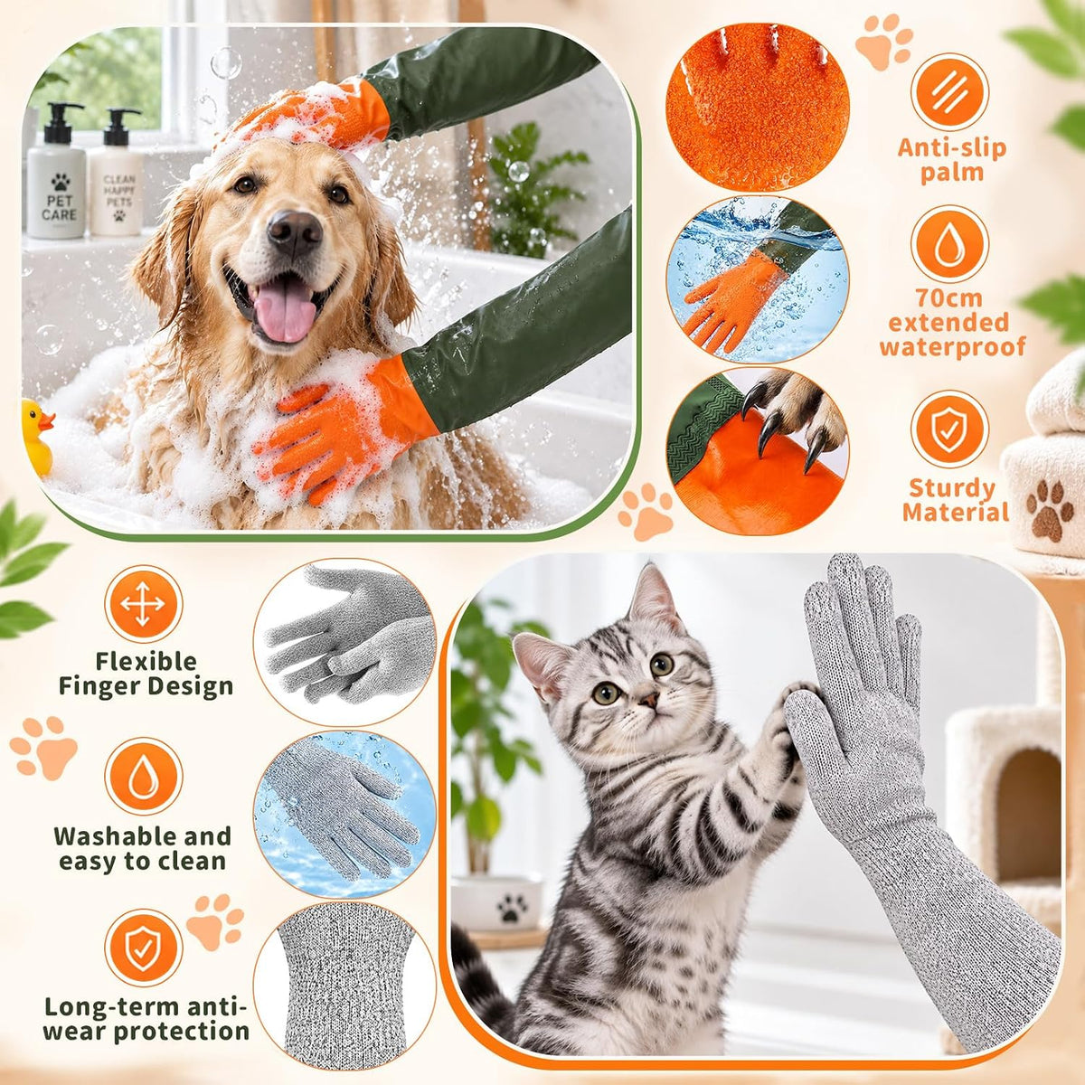 2 Pair Pet Grooming Bathing Gloves for Dogs & Cats,26.8 in & 16.9 in