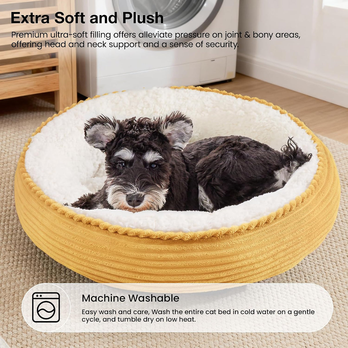 Love's cabin Round Donut Cat and Dog Cushion Bed, 24in Pet Bed for Small or Medium Dogs, Anti-Slip & Water-Resistant Bottom, Soft Durable Fabric Pet Beds, Washable Calming Cat Bed Yellow