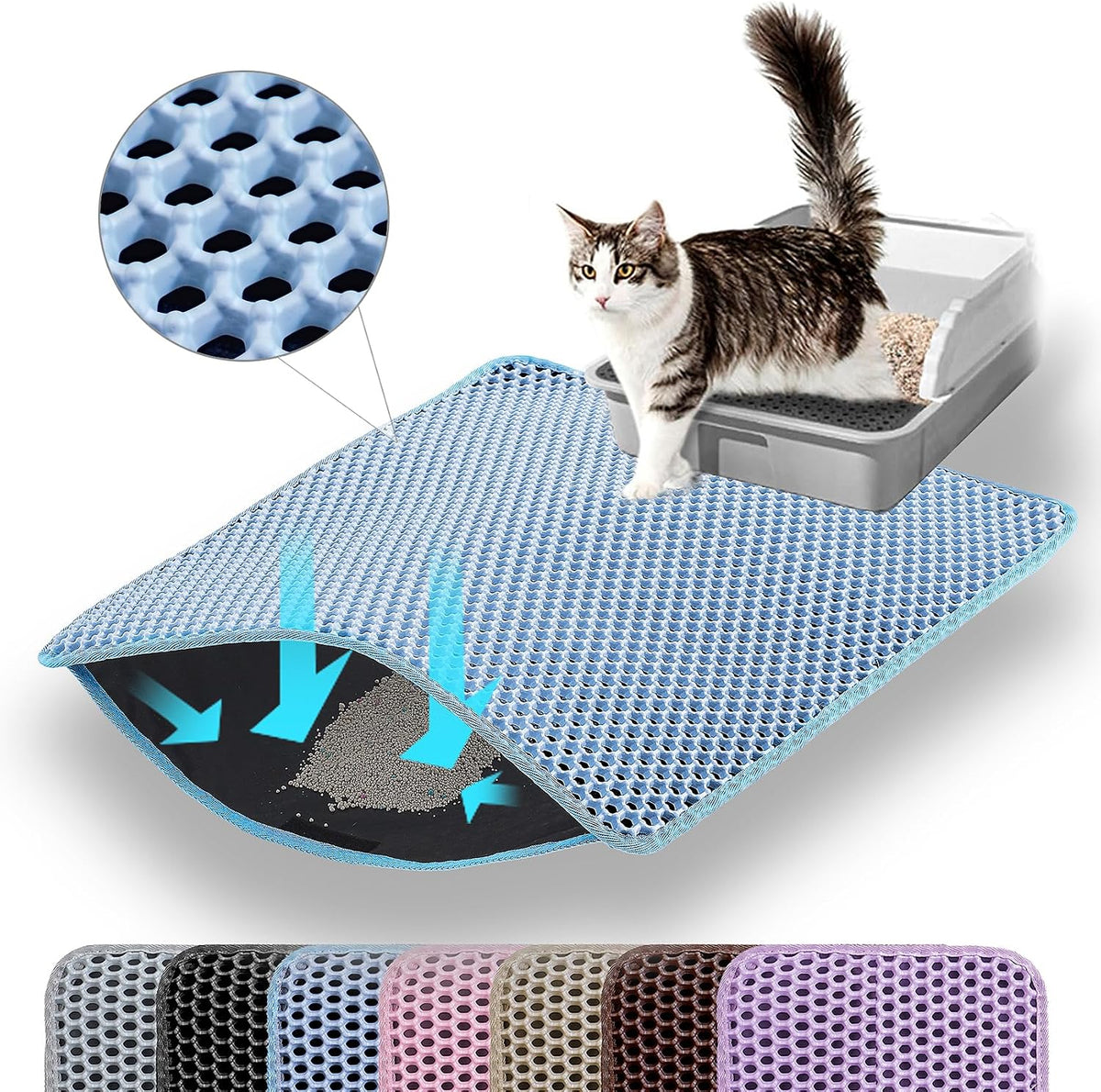 Extra Large Cat Litter Mat XXL, Double Layer Honeycomb, Blue | 46x26”, Reduces Litter Tracking, Easy to Clean, Waterproof, Non-Slip, Soft on Paws, Scratch Resistant, Blue, XXL