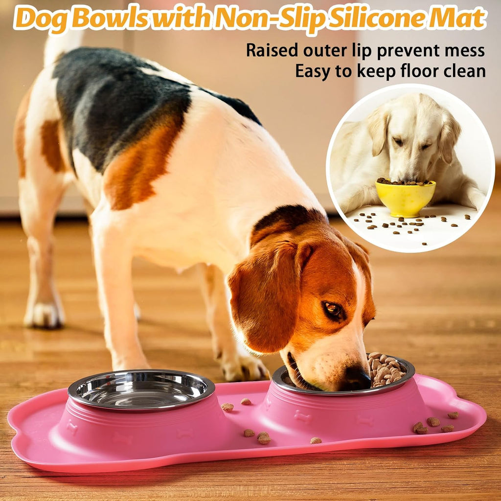 Hubulk Pet Dog Bowls 2 Stainless Steel Dog Bowl with No Spill Non-Skid Silicone Mat + Pet Food Scoop Water and Food Feeder Bowls for Feeding Small Medium Large Dogs Cats Puppies (Extra Large, Pink) 