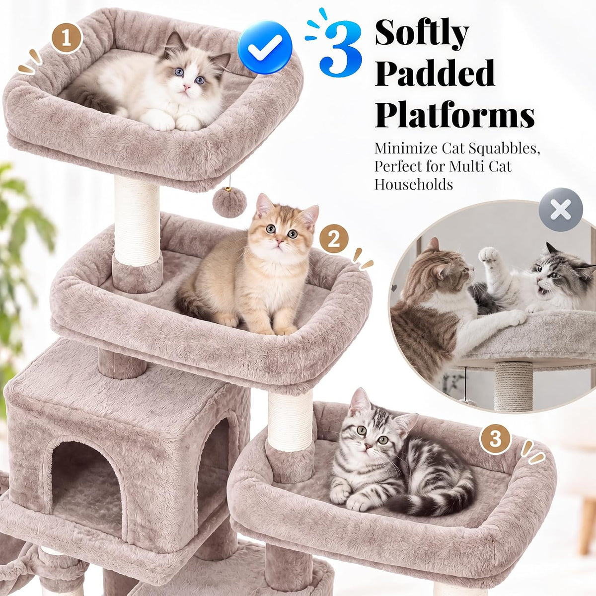 Hey-brother Cat Tree Tower with Stable Extended Base, 3 Platforms, MPJ038MU