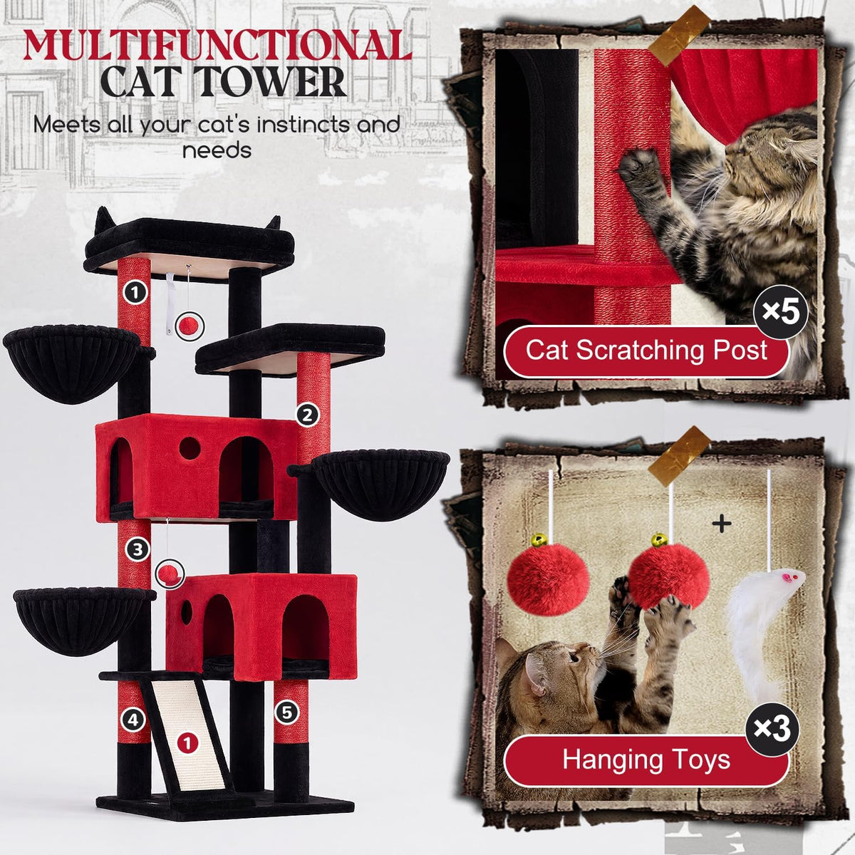 Globlazer Large Cat Tree 72in Tall Cat Climbing Tower, F72G, Gothic