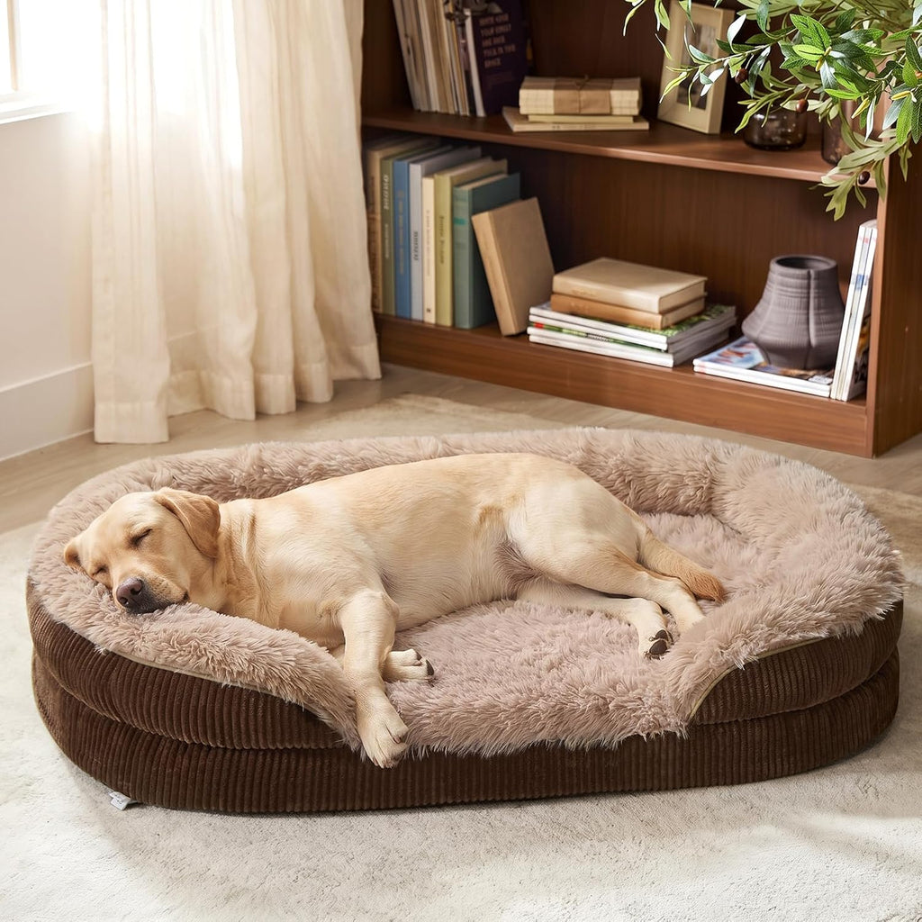 INVENHO Fluffy Orthopedic Dog Beds Large Sized Dog, Jumbo Egg-Crate Foam Bolster Sofa Bed with Washable Removable Waterproof Cover, Fluffy Plush Faux Fur Dog Bed with Non-Skid Bottom