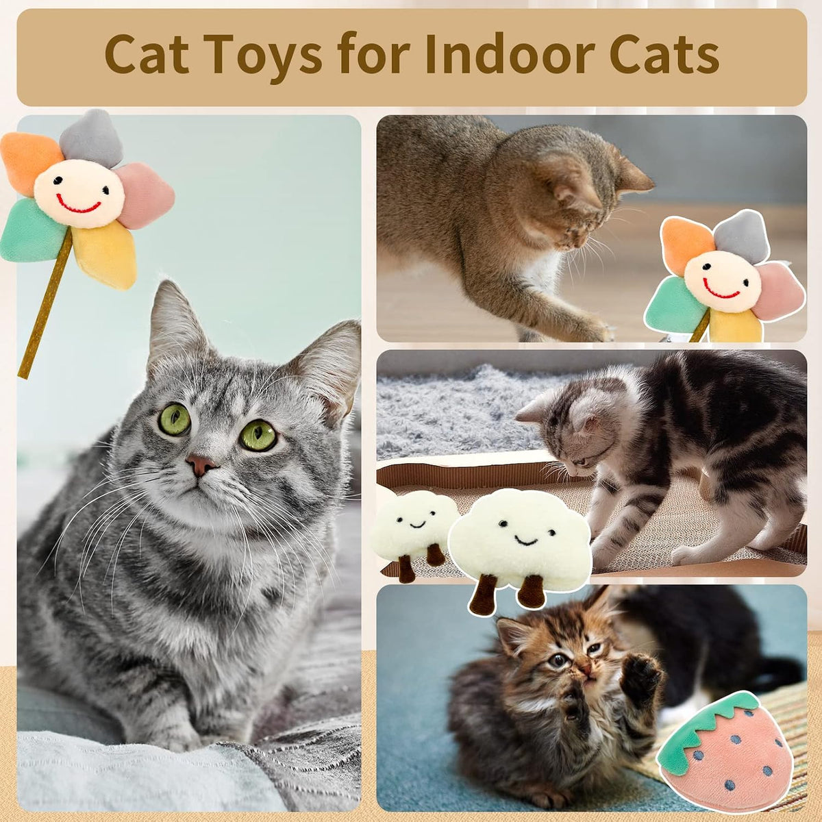 Kitten Chew Toys for Teething with Catnip – 3Pcs Bite Resistant Plush Cat Toys (Strawberry, Cloud Bell, Sunflower Stick)