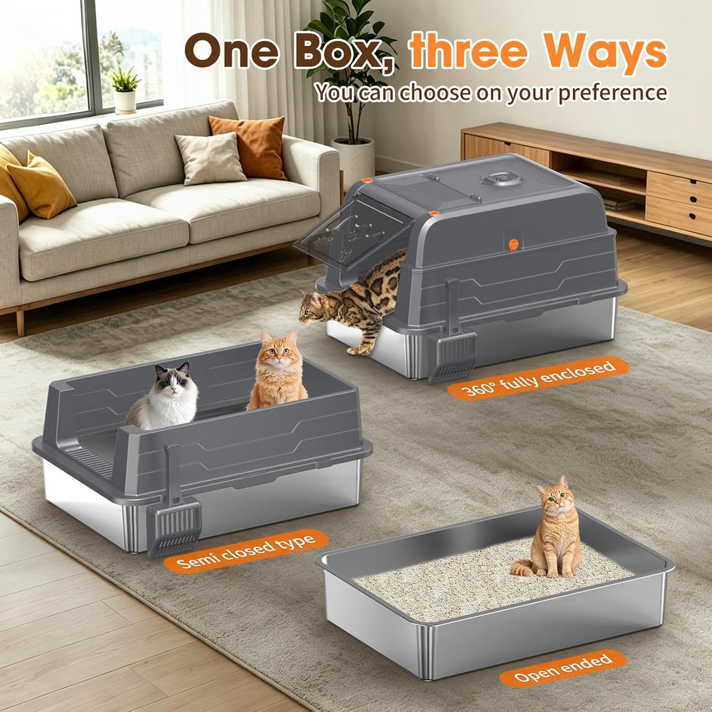 XXXL Stainless Steel Cat Litter Box with Lid – 28"×20"×17", Grey