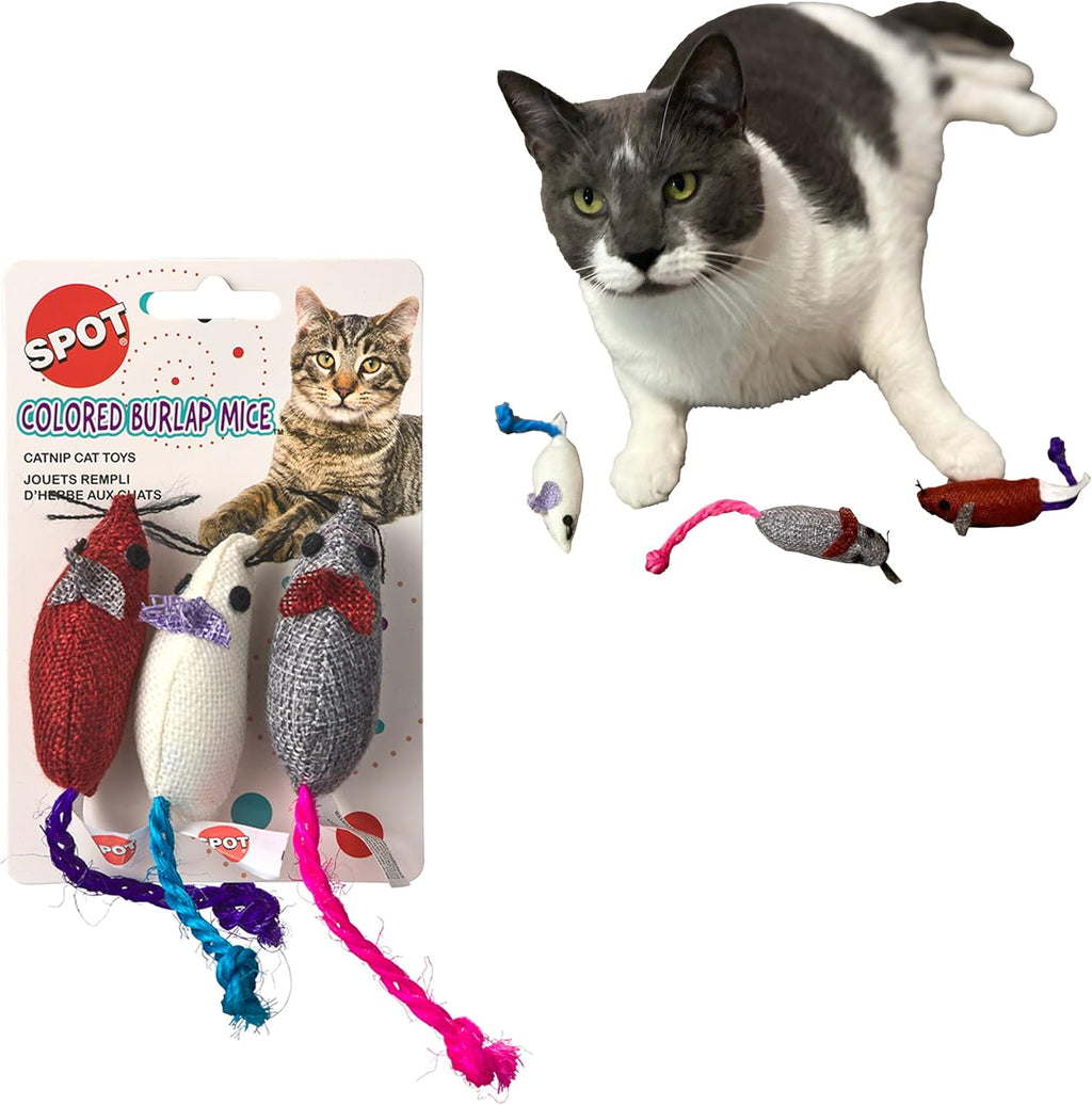 SPOT Burlap Mice Cat Toys, Interactive & Durable Catnip Toys for Indoor Cats & Kittens, Perfect for Hunting & Play, 3-Inch, Assorted Colors, 3 Pieces