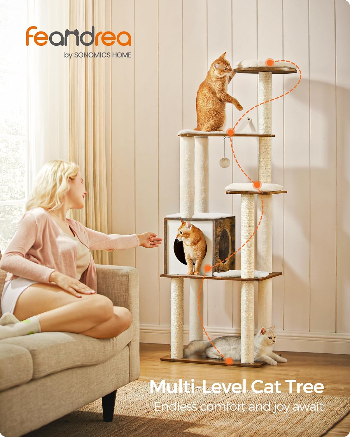 Feandrea Cat Tree, 64.6-Inch Multi-Level Tower with 5 Scratching Posts