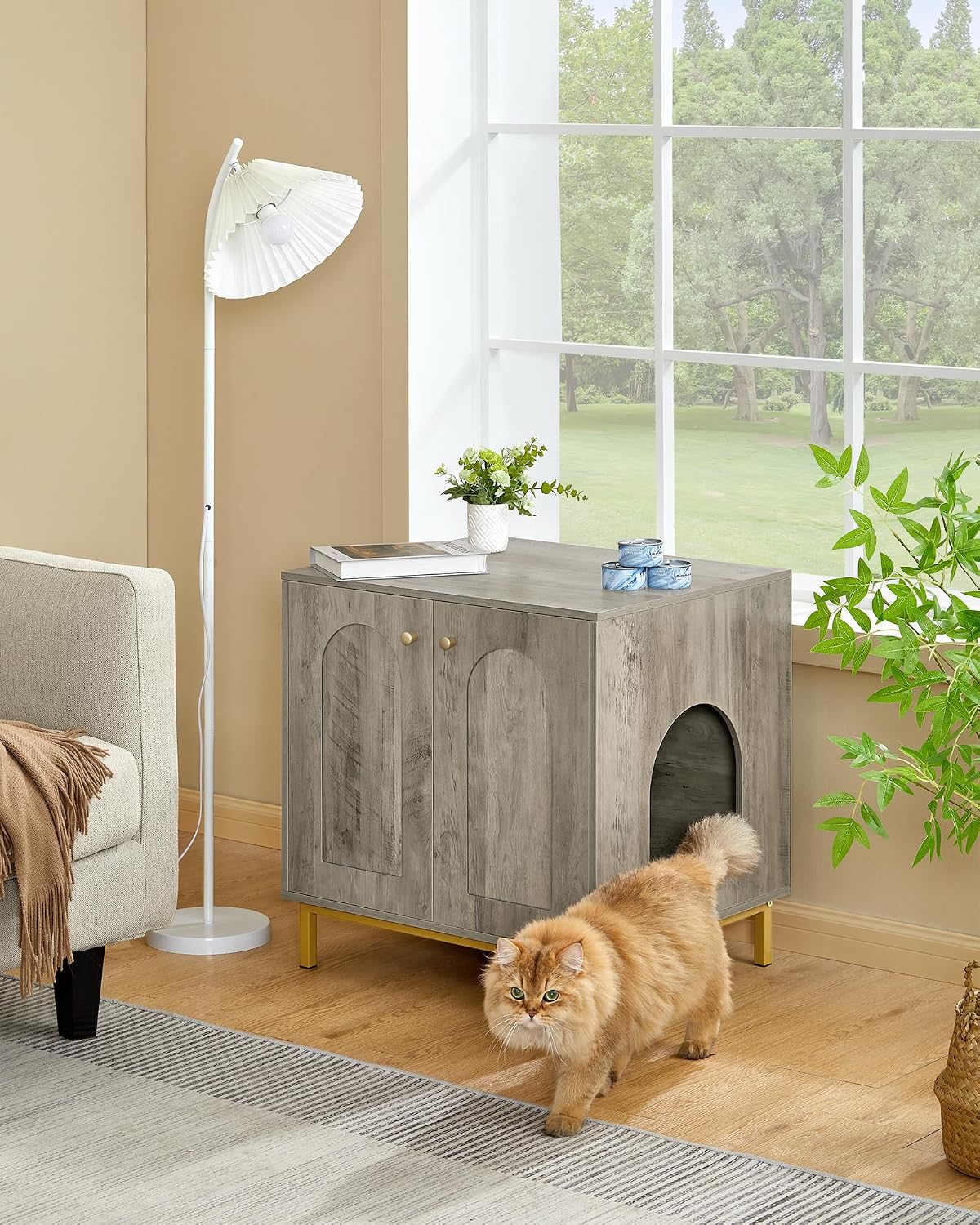 Hzuaneri Cat Litter Box Enclosure, Hidden Litter Box Furniture, Sisal Mat | Wooden Indoor Cat Cabinet, Modern Cat Washroom, Side End Table, for Living Room, Bedroom, Greige and Gold CB81205G