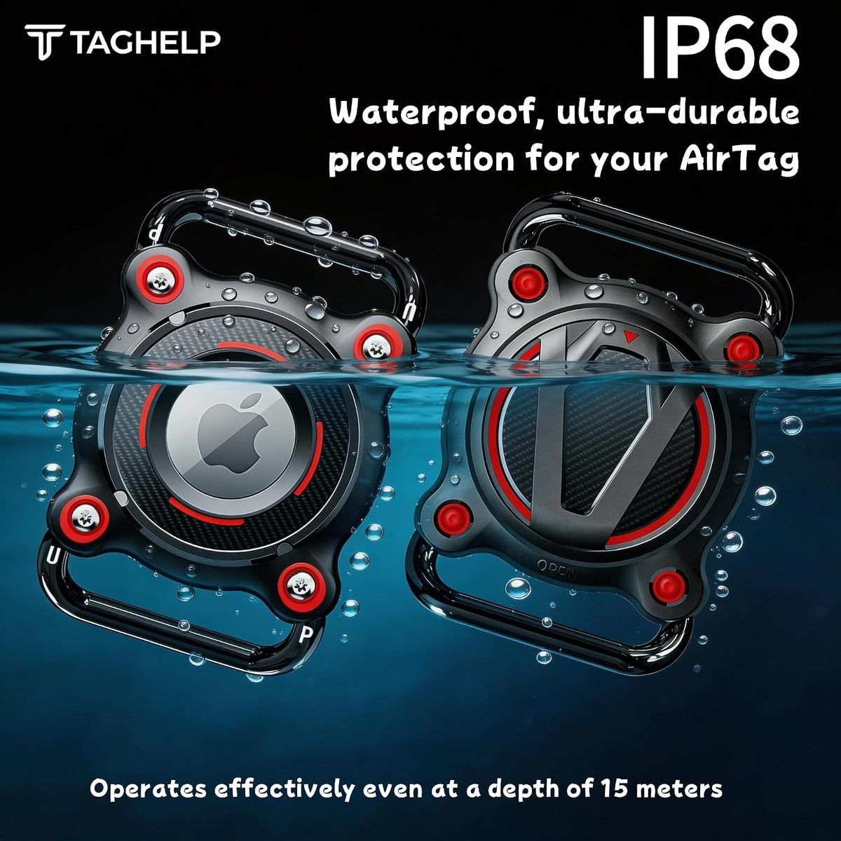 Waterproof Airtag Dog Collar Holder, Full Covered Case,Black–Red Accent