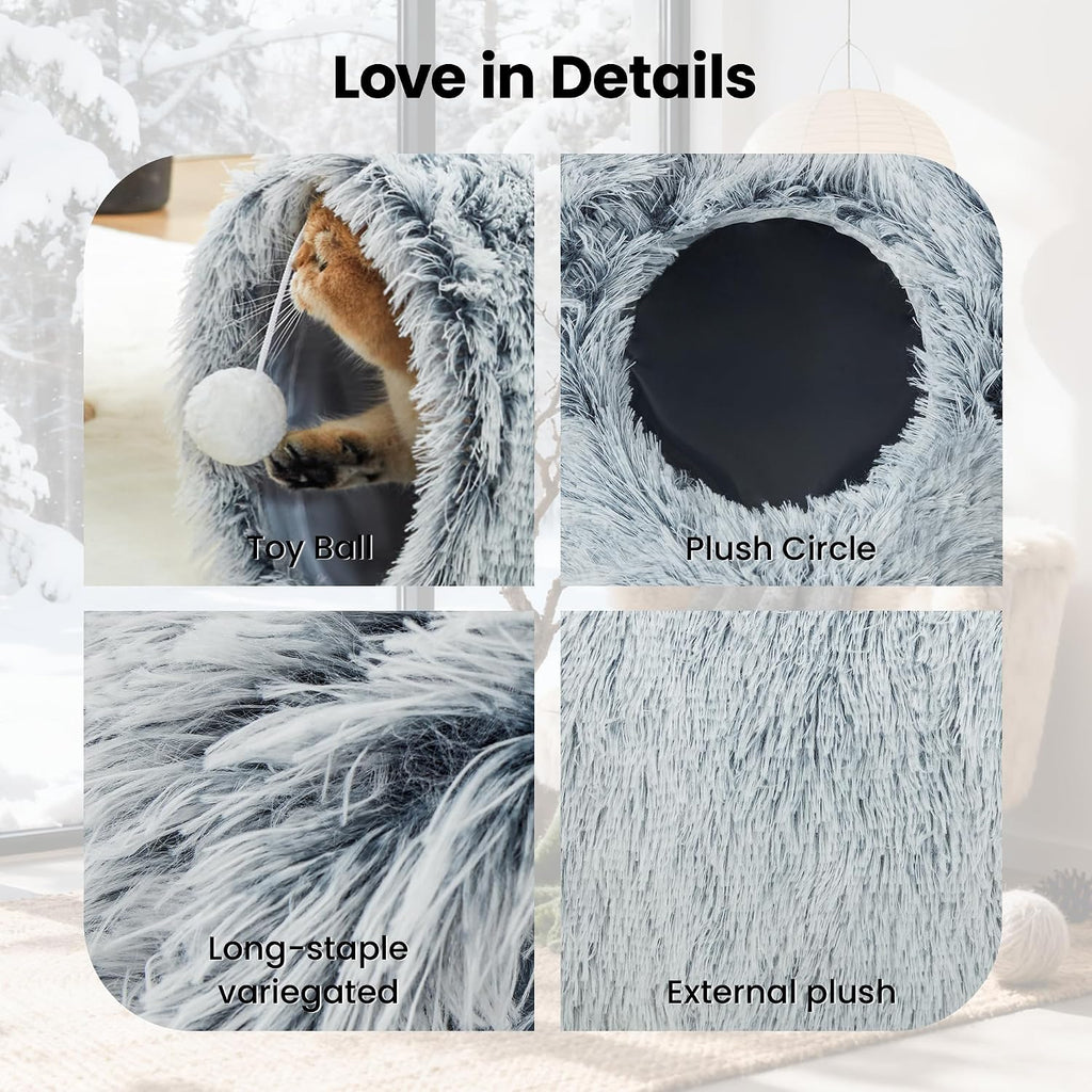 Tempcore Plush Cat Tunnel, 3-Way Collapsible Toy for Indoor Cats, Grey | Plush Fabric Creates a Soft Play Space for Cats, with 3-Way Tunnels, Peek Holes, Hanging Ball and Teaser Wand for Interaction